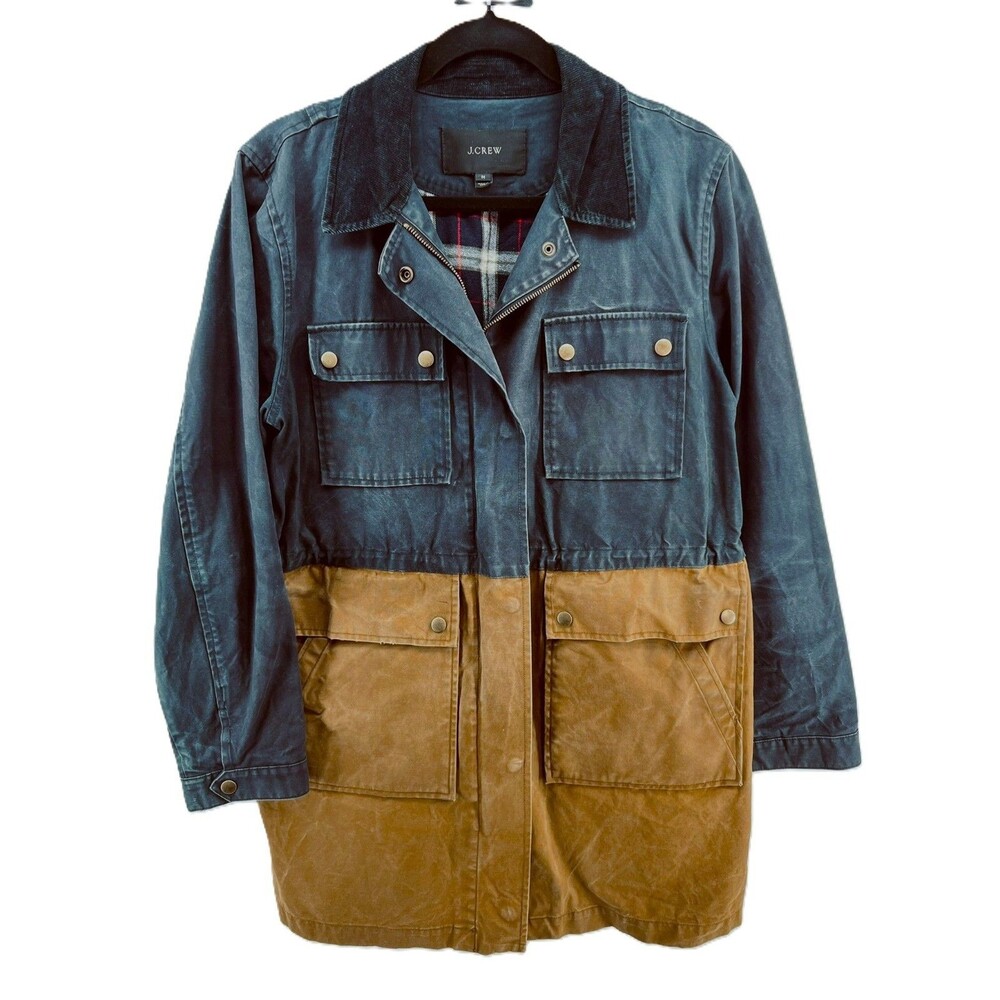 J.Crew Long Colorblock Field Jacket M Waxed Cotton Canvas Navy Tan Barn Chore Co - Picture 1 of 16
